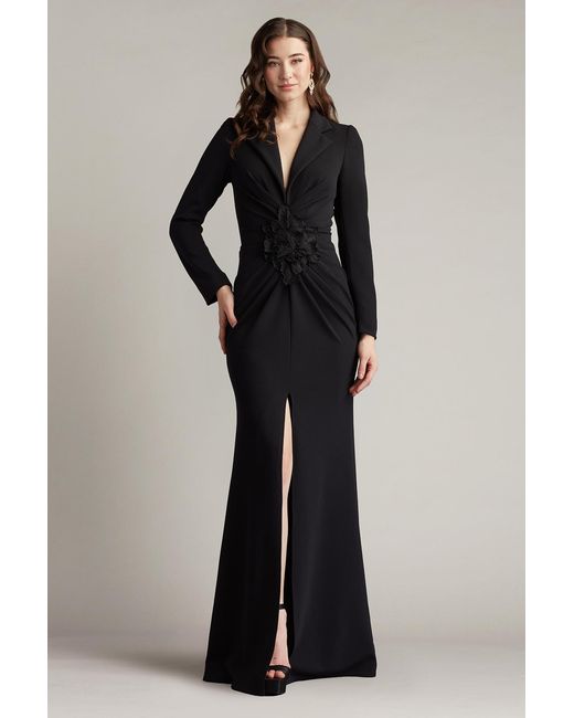Tadashi Shoji Black Ardela Center Front Ruffle Gown