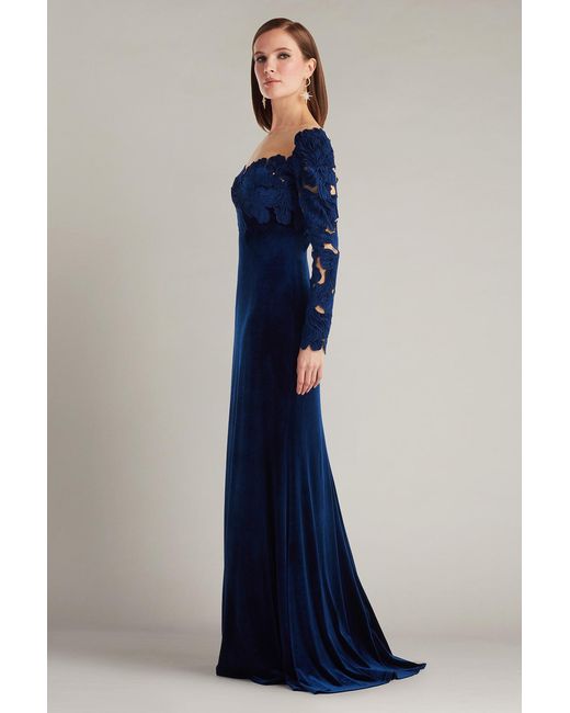 Tadashi Shoji Blue Rhyne Embroidered Velvet Gown