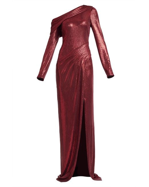 Tadashi Shoji Red Toryn Metallic Pleated Draped Gown-Lavrd