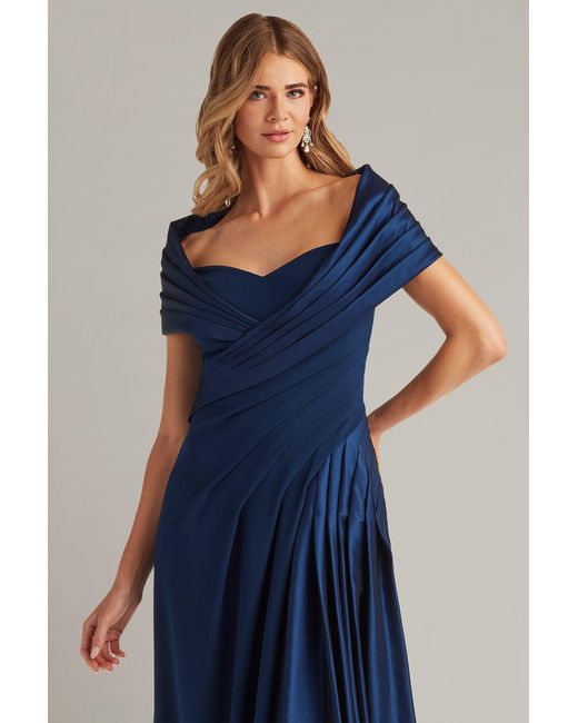Tadashi Shoji Blue Milica Draped Portrait Collar Gown