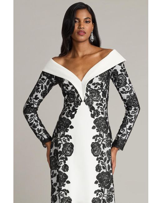 Tadashi Shoji Multicolor Melara Off-Shoulder Embroidered Crepe Gown-Bk/Iv