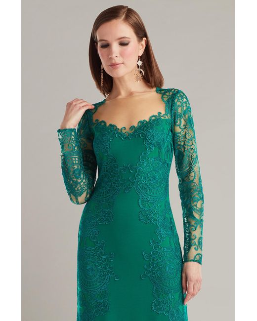 Tadashi Shoji Green Regal Embroidered Timepiece Lace Gown-Emera