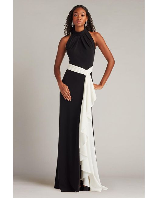 Tadashi Shoji Black Pexa Waterfall Sash Gown -Bk/Iv