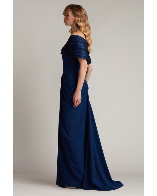 Tadashi Shoji Blue Seraphine Pleated Portrait Collar Gown