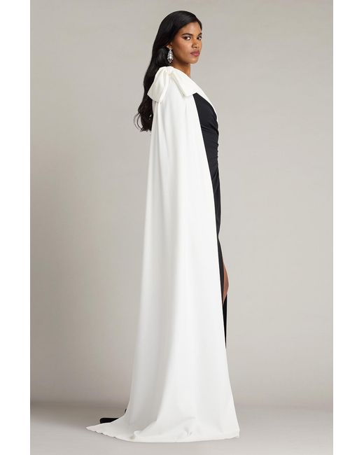 Tadashi Shoji Blue Romi One-Shoulder Bow Cape Gown-Bk/Iv