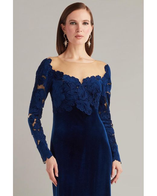 Tadashi Shoji Blue Rhyne Embroidered Velvet Gown