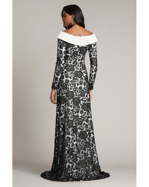 Tadashi Shoji Multicolor Melara Off-Shoulder Embroidered Crepe Gown-Bk/Iv