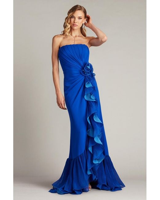 Tadashi Shoji Blue Leith Cascading Ruffle Gown-Mystc