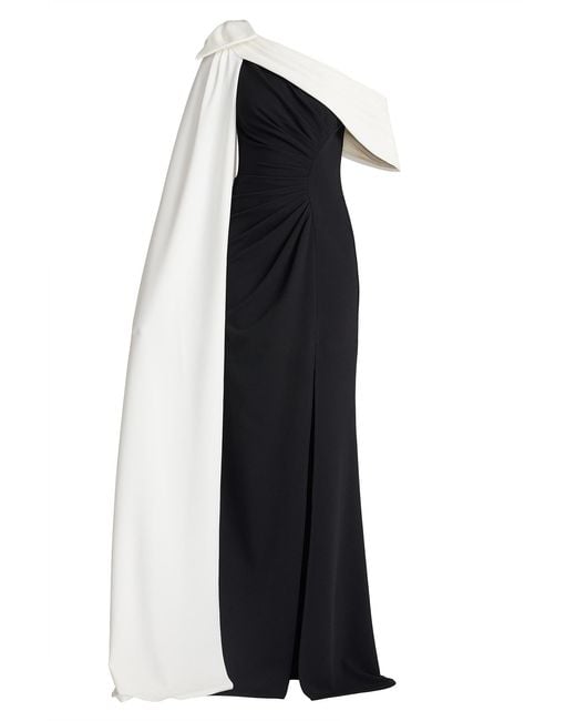 Tadashi Shoji Blue Romi One-Shoulder Bow Cape Gown-Bk/Iv