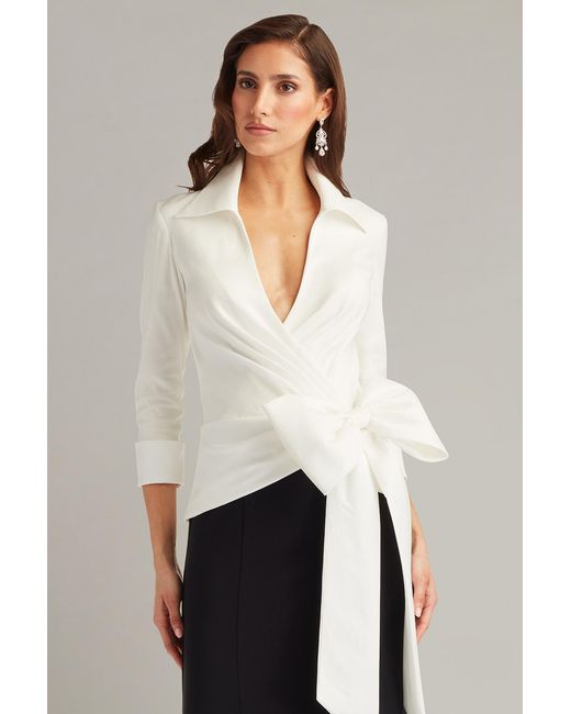 Tadashi Shoji Blue Sarma Wrap Bow Gown-Wh/Bk