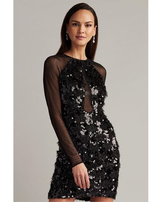 Tadashi Shoji Black Dina Sequin Eyelash Fringe Mini Dress