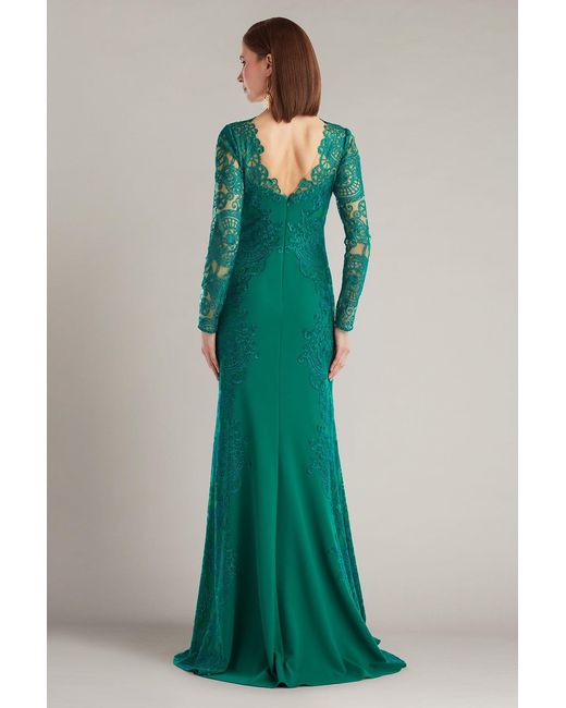 Tadashi Shoji Green Regal Embroidered Timepiece Lace Gown-Emera