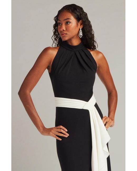 Tadashi Shoji Black Pexa Waterfall Sash Gown -Bk/Iv