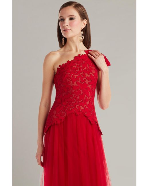 Tadashi Shoji Red Marcelline One-Shoulder Laser-Cut Gown-Chrnu