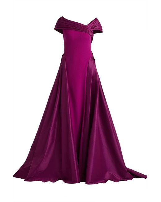 Tadashi Shoji Purple Blanka Draped Contrast Taffeta Ball Gown-Magen