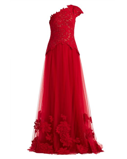 Tadashi Shoji Red Marcelline One-Shoulder Laser-Cut Gown-Chrnu