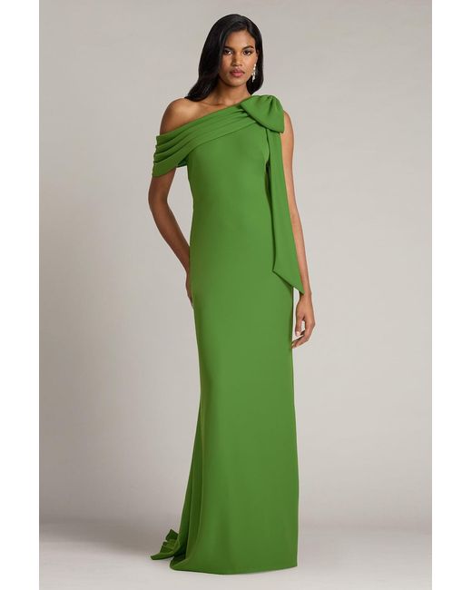 Tadashi Shoji Green Cassia Bow-Shoulder Crepe Gown-Cactu