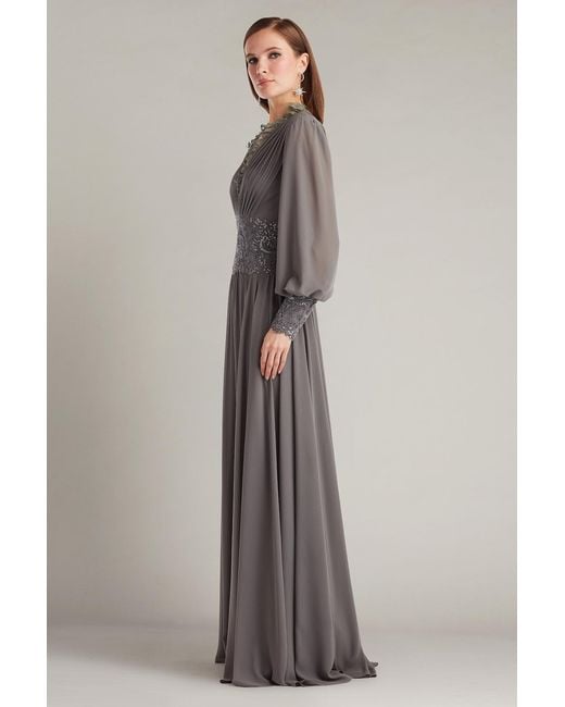 Tadashi Shoji Gray Mariela Embellished Blouson-Sleeve Gown-Mist