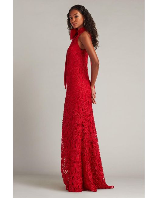 Tadashi Shoji Red Iria Shoulder Bow Lace Halter Gown-Chery