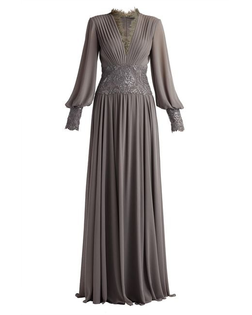 Tadashi Shoji Gray Mariela Embellished Blouson-Sleeve Gown-Mist