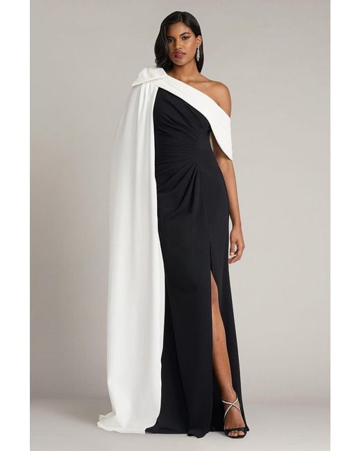 Tadashi Shoji Blue Romi One-Shoulder Bow Cape Gown-Bk/Iv