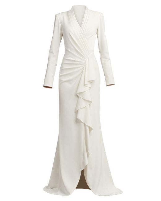 Tadashi Shoji White Markum Long-Sleeve Flounce Gown-Ivory