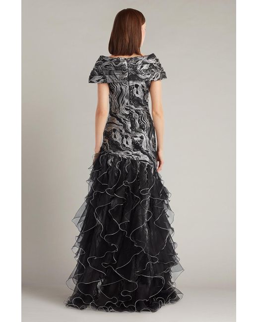 Tadashi Shoji Black Cosmina Stardust Motif Ruffle Gown-Sl/Bk