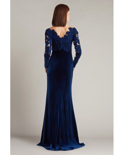 Tadashi Shoji Blue Rhyne Embroidered Velvet Gown