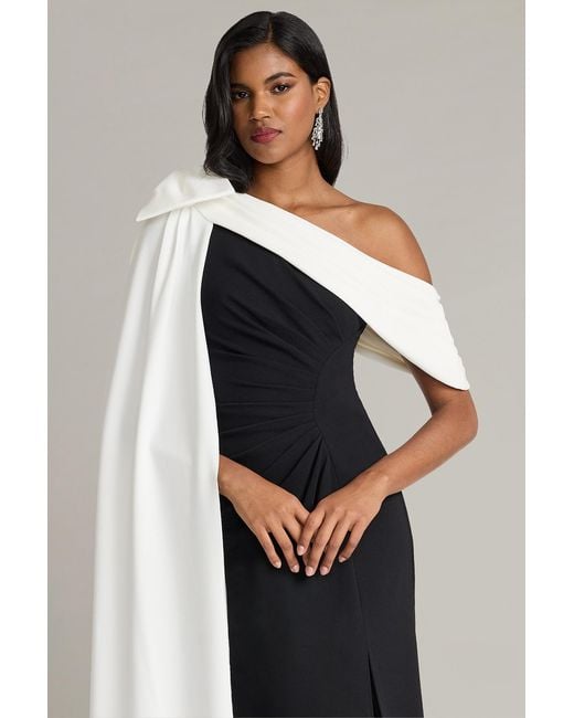 Tadashi Shoji Blue Romi One-Shoulder Bow Cape Gown-Bk/Iv