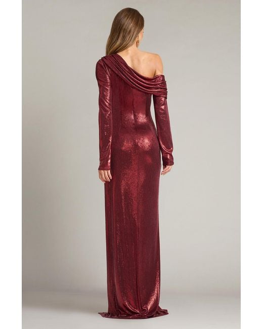 Tadashi Shoji Red Toryn Metallic Pleated Draped Gown-Lavrd