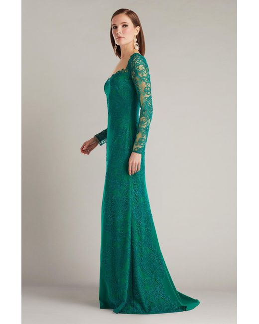 Tadashi Shoji Green Regal Embroidered Timepiece Lace Gown-Emera