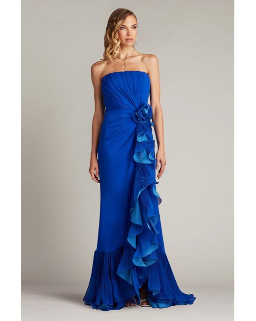 Tadashi Shoji Blue Leith Cascading Ruffle Gown-Mystc