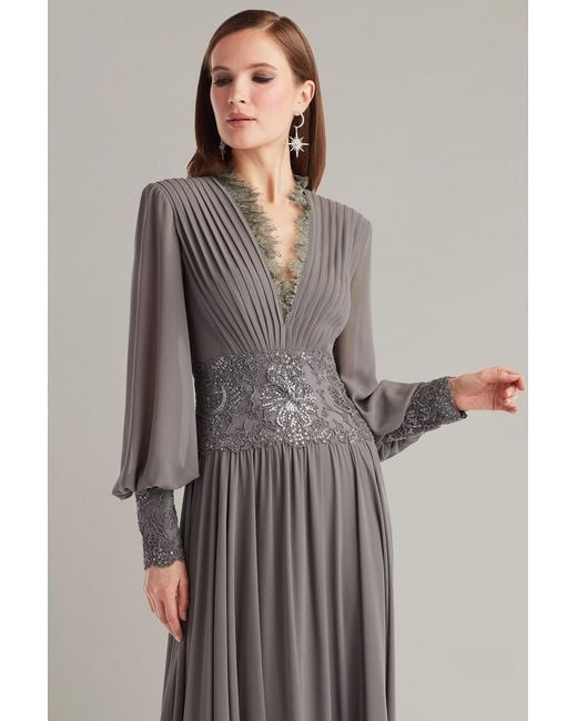 Tadashi Shoji Gray Mariela Embellished Blouson-Sleeve Gown-Mist