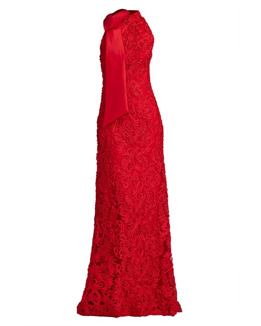 Tadashi Shoji Red Iria Shoulder Bow Lace Halter Gown-Chery