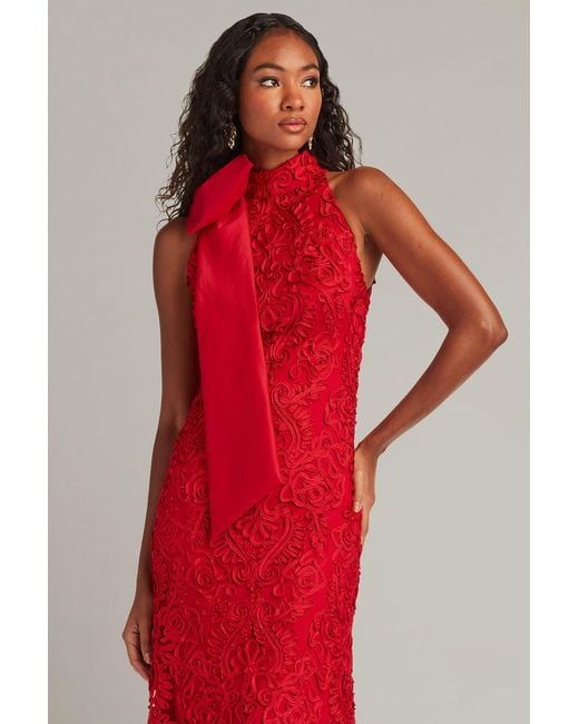 Tadashi Shoji Red Iria Shoulder Bow Lace Halter Gown-Chery