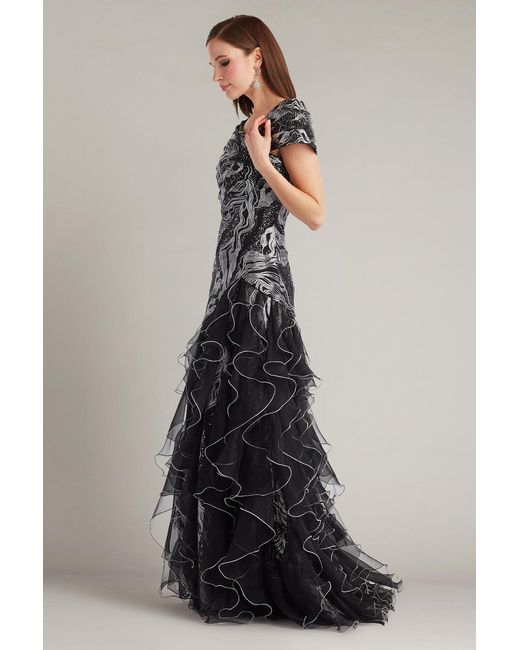 Tadashi Shoji Black Cosmina Stardust Motif Ruffle Gown-Sl/Bk