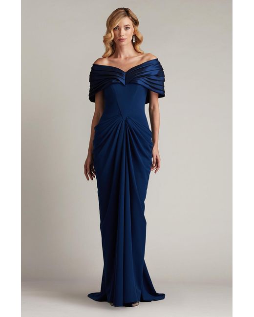 Tadashi Shoji Blue Seraphine Pleated Portrait Collar Gown