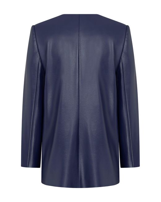 navy collarless leather jacket