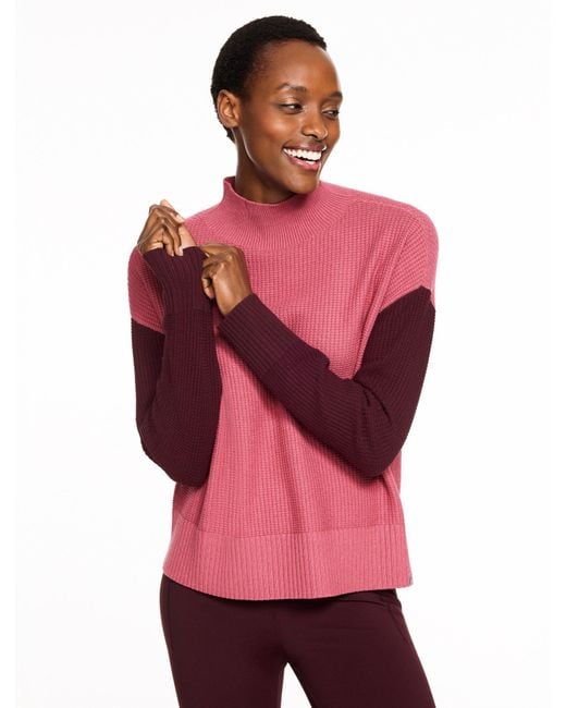 Talbots Women's Red Waffle Knit Mockneck Colorblock Sweater