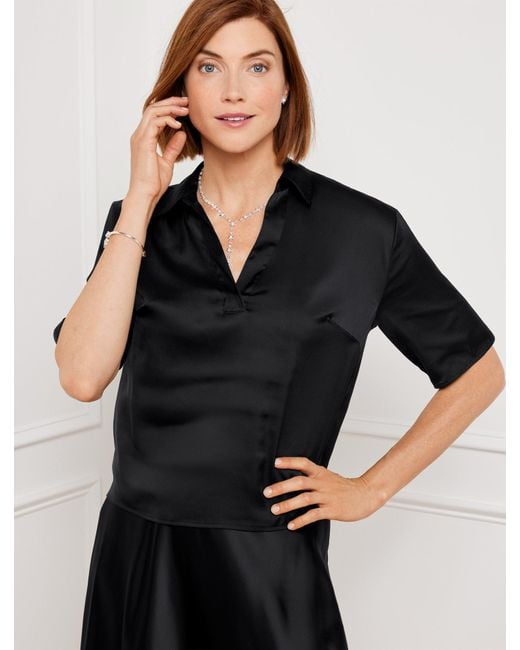 Talbots Women's Black Soft Satin Charmeuse Johnny Collar Short Shirt