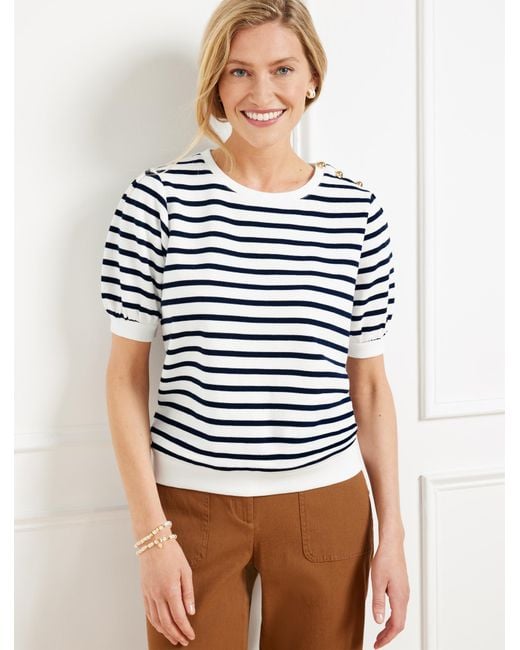 Talbots Blue Button Shoulder Crewneck Sweatshirt