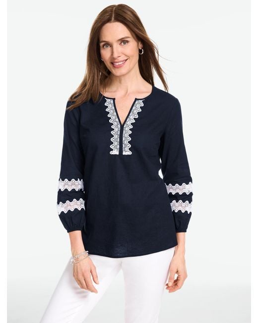 Talbots Blue Lace Trim Linen Blend Top