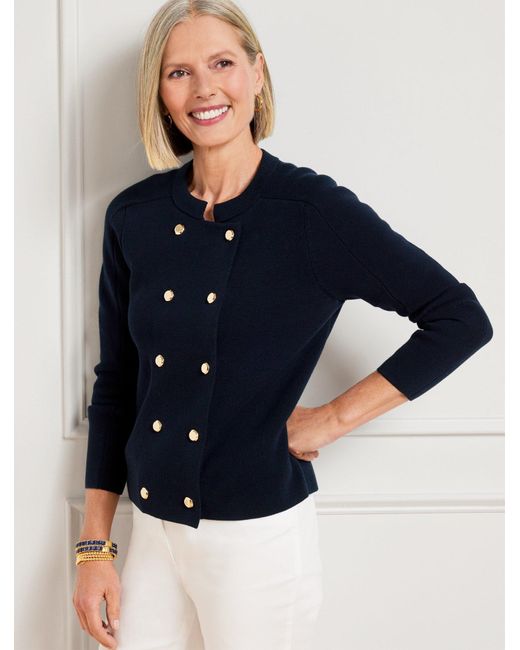 Talbots Blue Double Breasted Stand Collar Sweater Jacket