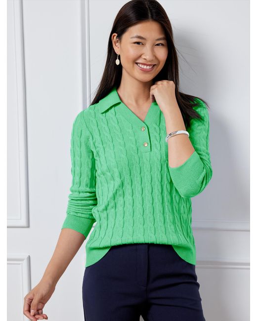 Talbots Green Cable Knit Johnny Collar Sweater