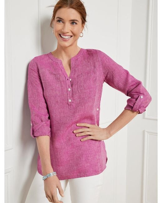 Talbots Pink Side Button Linen Band Collar Popover Shirt
