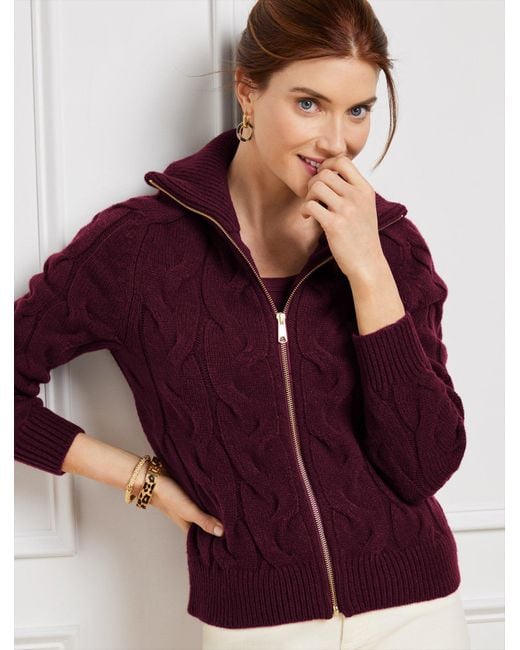 Talbots Purple Cable Knit Zip Front Cardigan Sweater