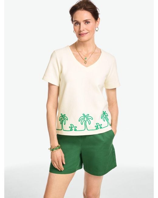 Talbots Green Embroidered Palm V-neck T-shirt