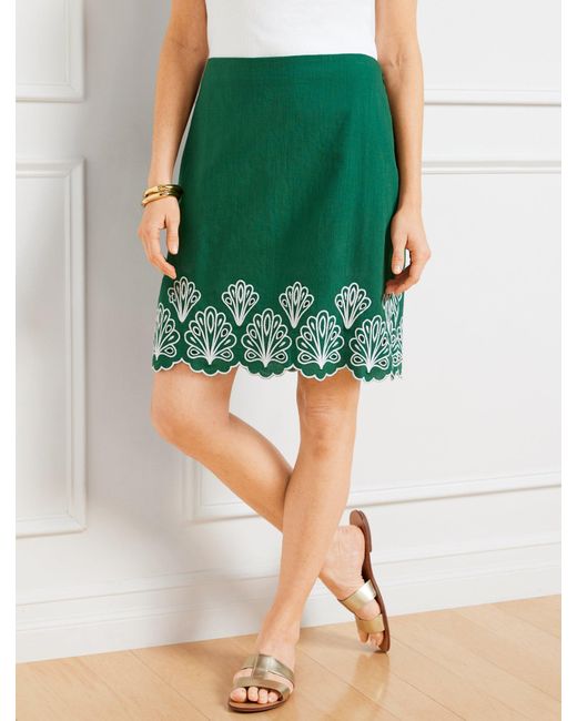 Talbots Green Embroidered Linen Cotton Skirt