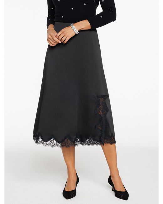 Talbots Black Lace Trim Satin Midi Skirt