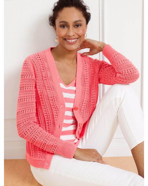 Talbots Pink Pointelle Knit V-neck Cardigan Sweater